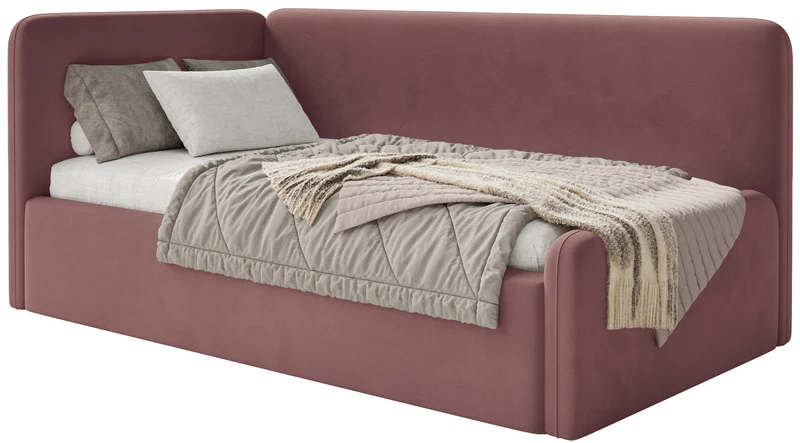Jugendbett 90x200 cm Fanklo linksseitig mit Stauraum und Geländern, rosa Velours, wasserabweisend und leicht zu reinigen