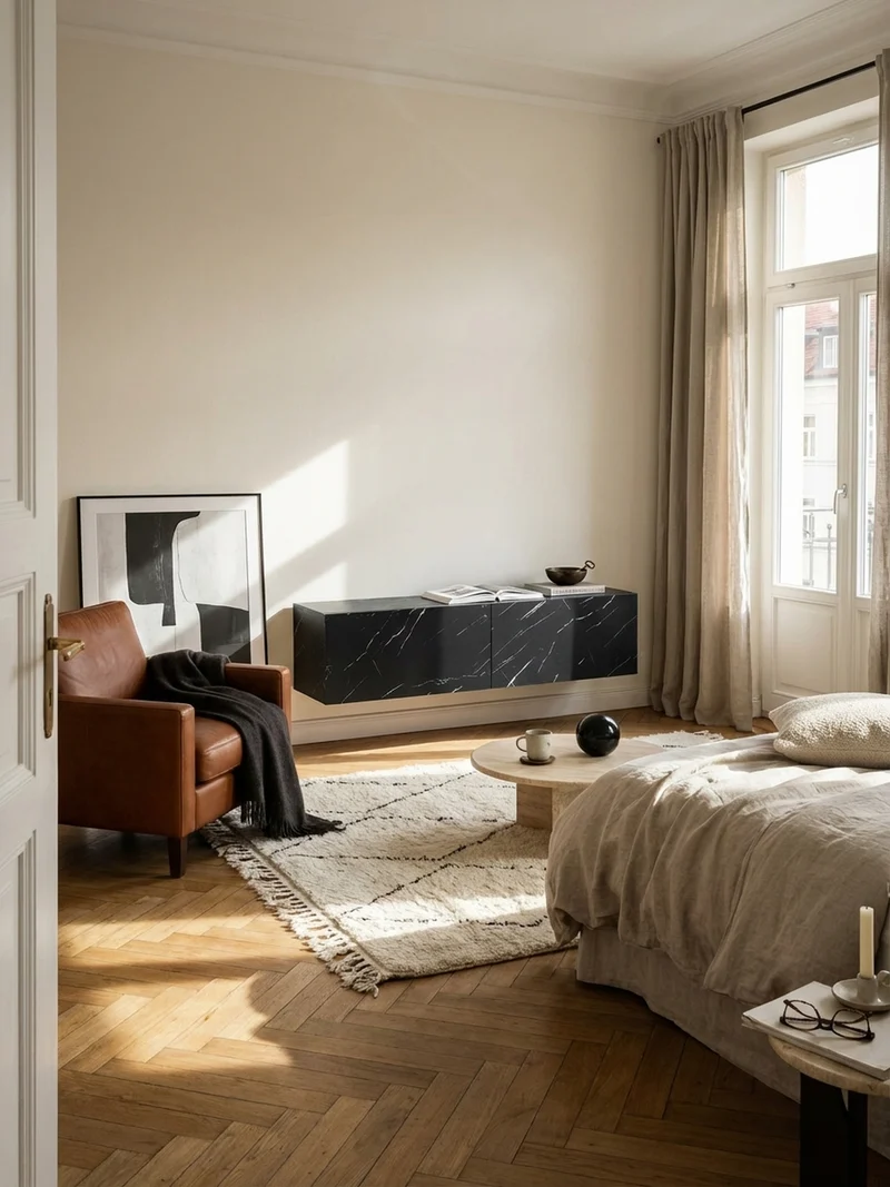 TV-Lowboard hängend, Marmor-Optik, Klapptüren, modern