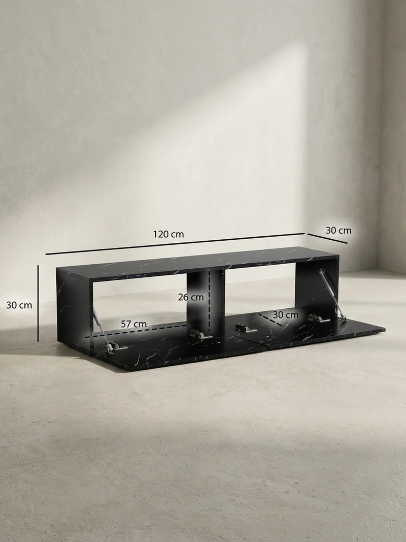 TV-Lowboard hängend, Marmor-Optik, Klapptüren, modern