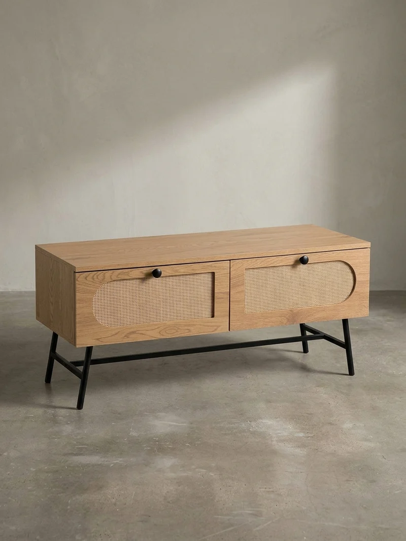 Lowboard Eiche-Dekor Rattan Modern Stil 100x45x40 cm mit Schubladen