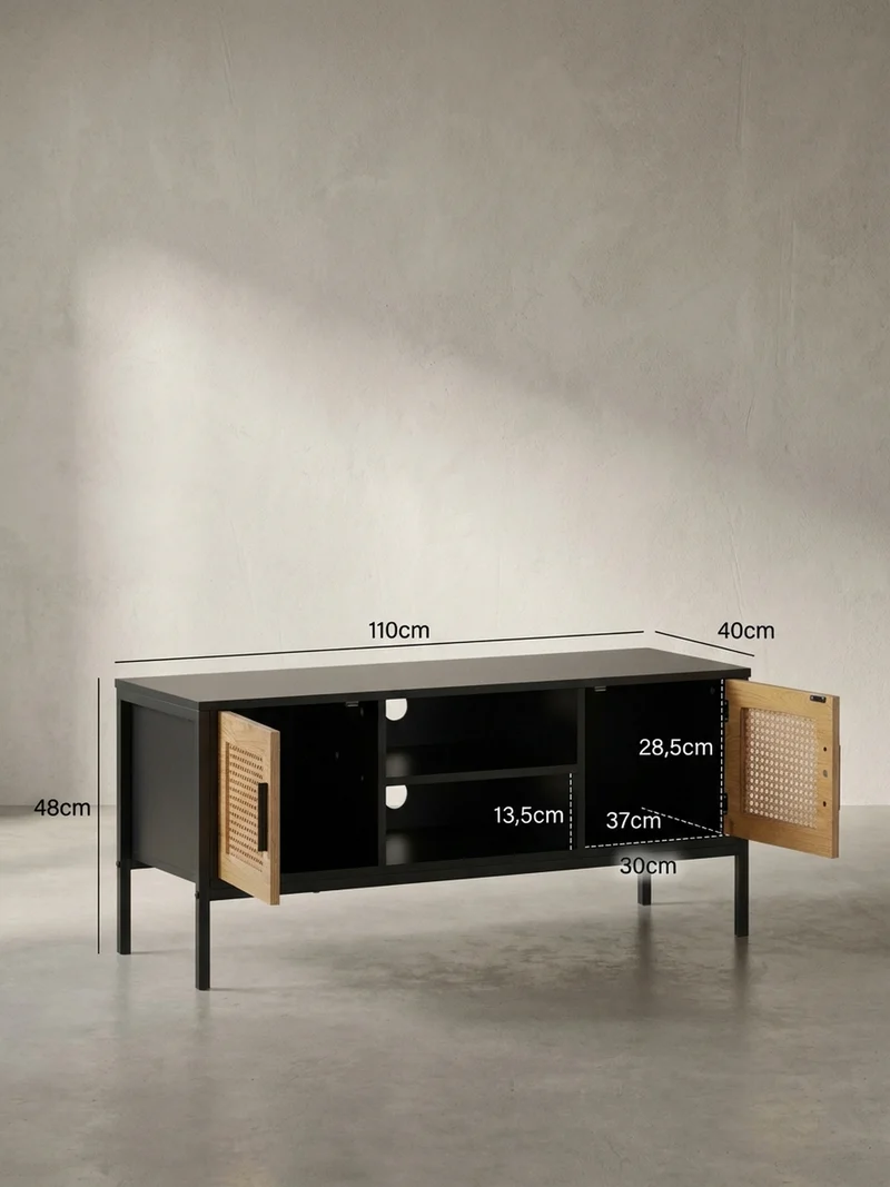 Lowboard Schwarz Eiche-Dekor Zeitloser Stil 110x48x40 cm mit Wiener Geflecht und Türen