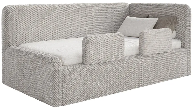 Jugendbett 90x200 cm Fanklo rechtsseitig mit Stauraum und Geländern, grau-beiger hydrophober Plüsch