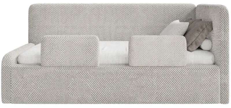 Jugendbett 90x200 cm Fanklo rechtsseitig mit Stauraum und Geländern, grau-beiger hydrophober Plüsch