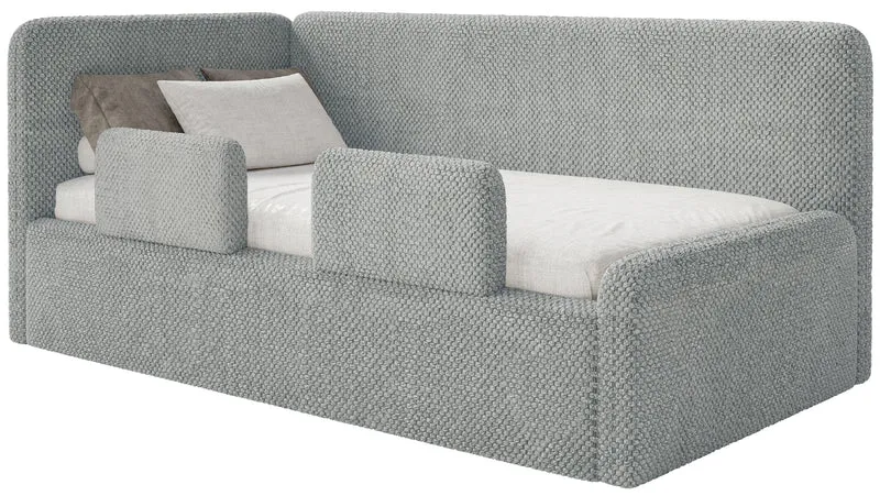 Jugendbett 90x200 cm Fanklo linksseitig mit Matratze, Stauraum und Geländern, grauer Plüsch, wasserabweisend