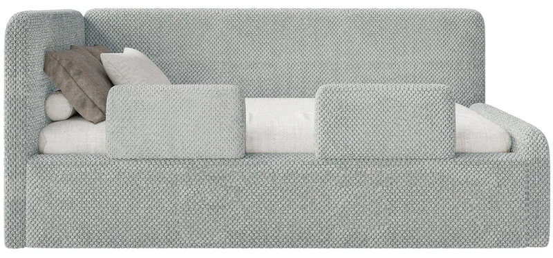 Jugendbett 90x200 cm Fanklo linksseitig mit Matratze, Stauraum und Geländern, grauer Plüsch, wasserabweisend