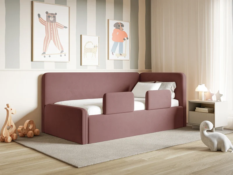 Jugendbett 90x200 cm Fanklo rechtsseitig mit Stauraum und Geländern, rosa Velours, wasserabweisend und pflegeleicht