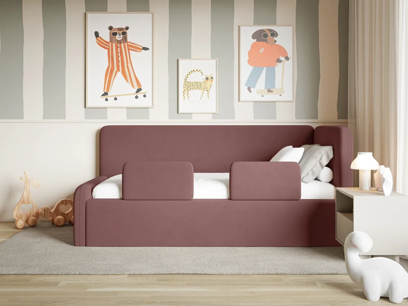 Jugendbett 90x200 cm Fanklo rechtsseitig mit Stauraum und Geländern, rosa Velours, wasserabweisend und pflegeleicht