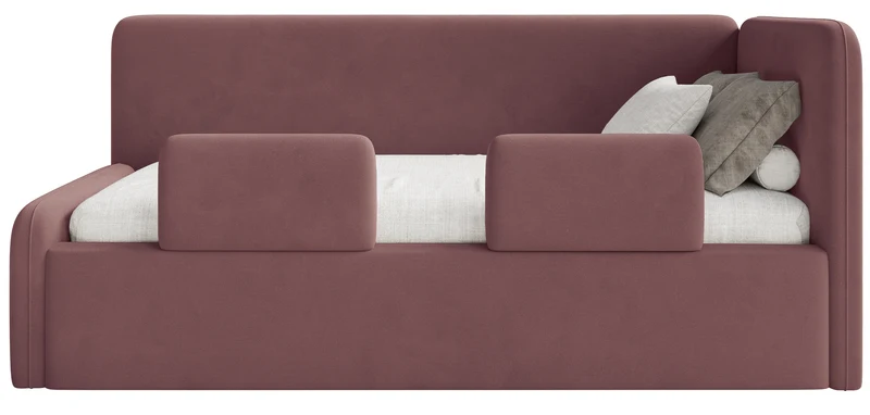 Jugendbett 90x200 cm Fanklo rechtsseitig mit Stauraum und Geländern, rosa Velours, wasserabweisend und pflegeleicht
