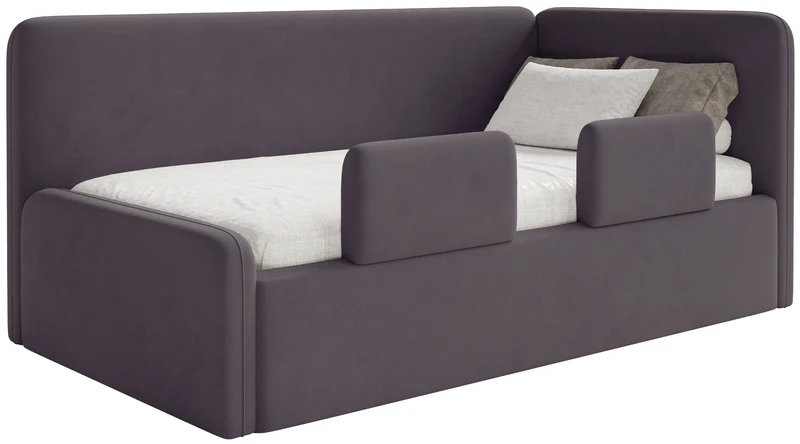 Jugendbett 90x200 cm Fanklo rechtsseitig mit Matratze, Stauraum und Gittern, violetter Velours, wasserabweisend und leicht zu reinigen