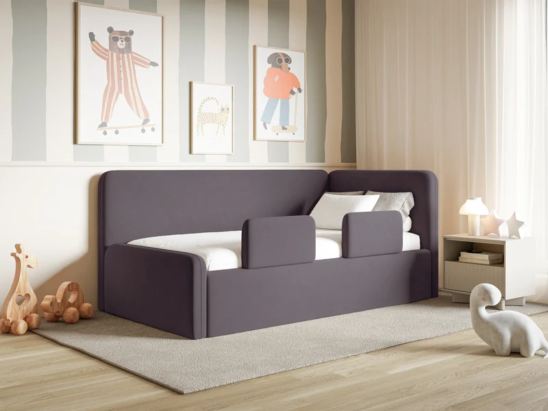 Jugendbett 90x200 cm Fanklo rechtsseitig mit Matratze, Stauraum und Gittern, violetter Velours, wasserabweisend und leicht zu reinigen