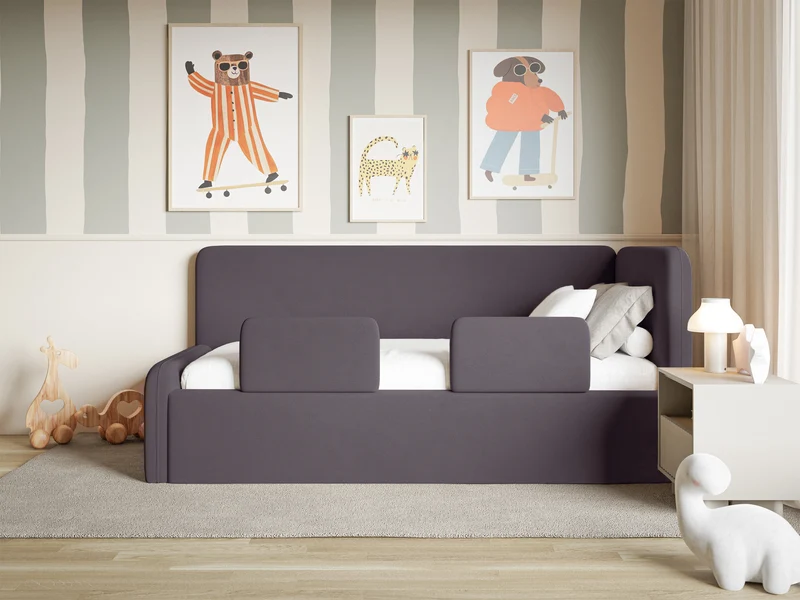 Jugendbett 90x200 cm Fanklo rechtsseitig mit Matratze, Stauraum und Gittern, violetter Velours, wasserabweisend und leicht zu reinigen