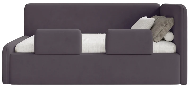 Jugendbett 90x200 cm Fanklo rechtsseitig mit Matratze, Stauraum und Gittern, violetter Velours, wasserabweisend und leicht zu reinigen