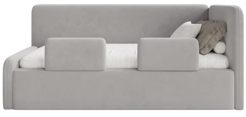 Jugendbett 90x200 cm Fanklo rechtsseitig mit Stauraum und Geländern, hellgrauer Velours, wasserabweisend und pflegeleicht