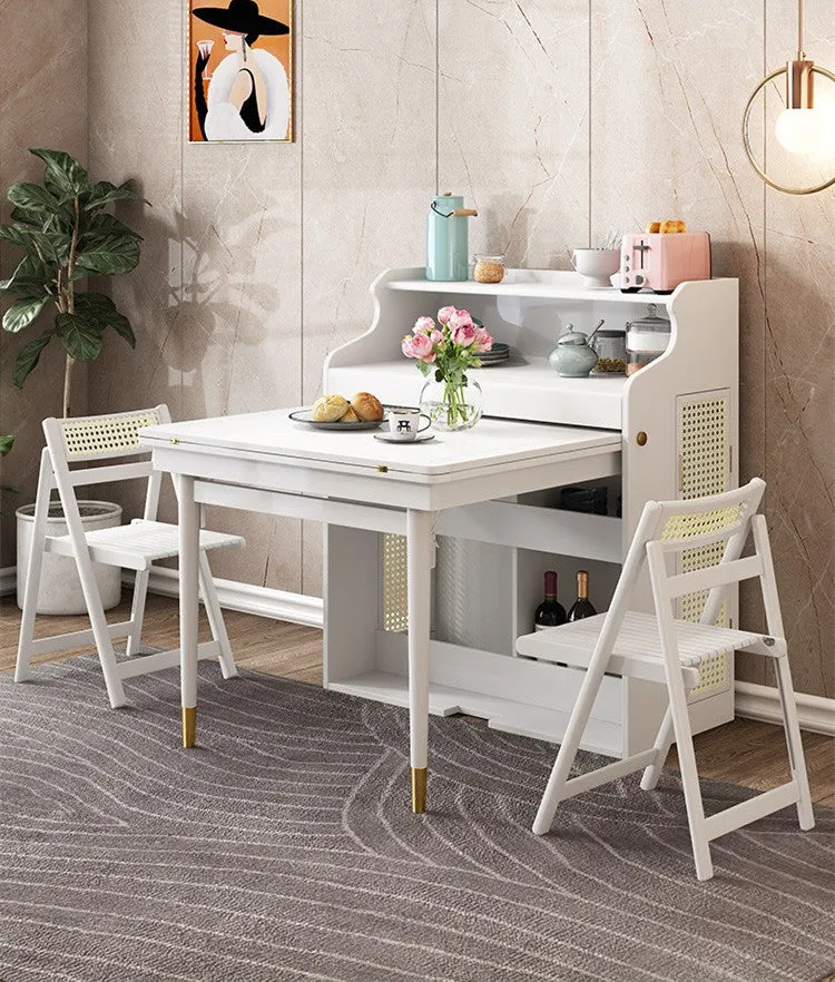 Klappbarer multifunktionaler Esstisch aus Massivholz mit Schrank und Klappstühlen