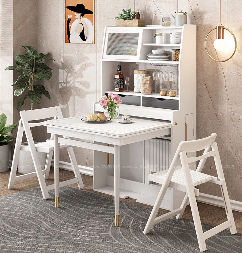 Klappbarer multifunktionaler Esstisch aus Massivholz mit Schrank und Klappstühlen