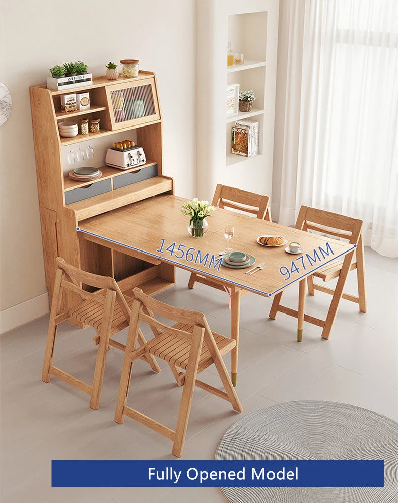 Klappbarer multifunktionaler Esstisch aus Massivholz mit Schrank und Klappstühlen