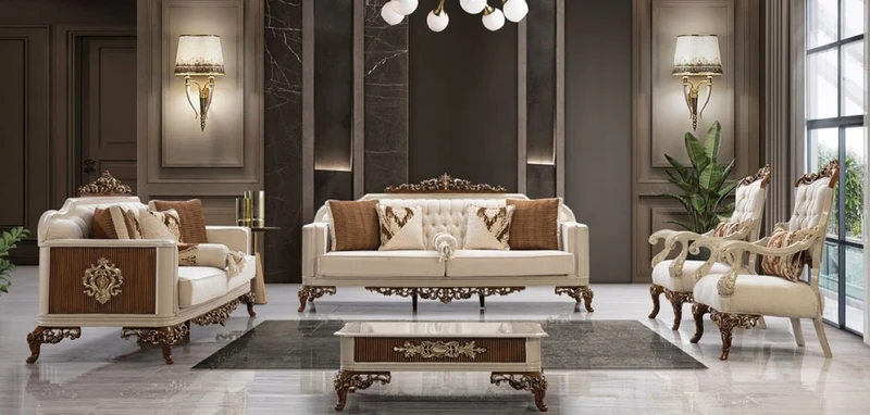 Casa Padrino Luxus Barock Wohnzimmer Set Beige / Grau / Braun / Gold - 2 Sofas & 2 Sessel & 1 Couchtisch - Handgefertigte Wohnzimmer Möbel im Barockstil - Edel & Prunkvoll
