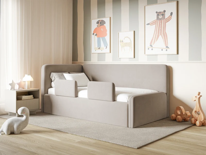 Jugendbett 90x200 cm Fanklo linksseitig mit Stauraum und Schutzgittern, grau-beiger Velours, wasserabweisend und leicht zu reinigen