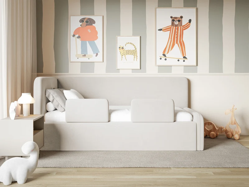 Jugendbett 90x200 cm Fanklo linksseitig mit Matratze, Stauraum und Geländern, hellbeiger Velours, wasserabweisend und leicht zu reinigen