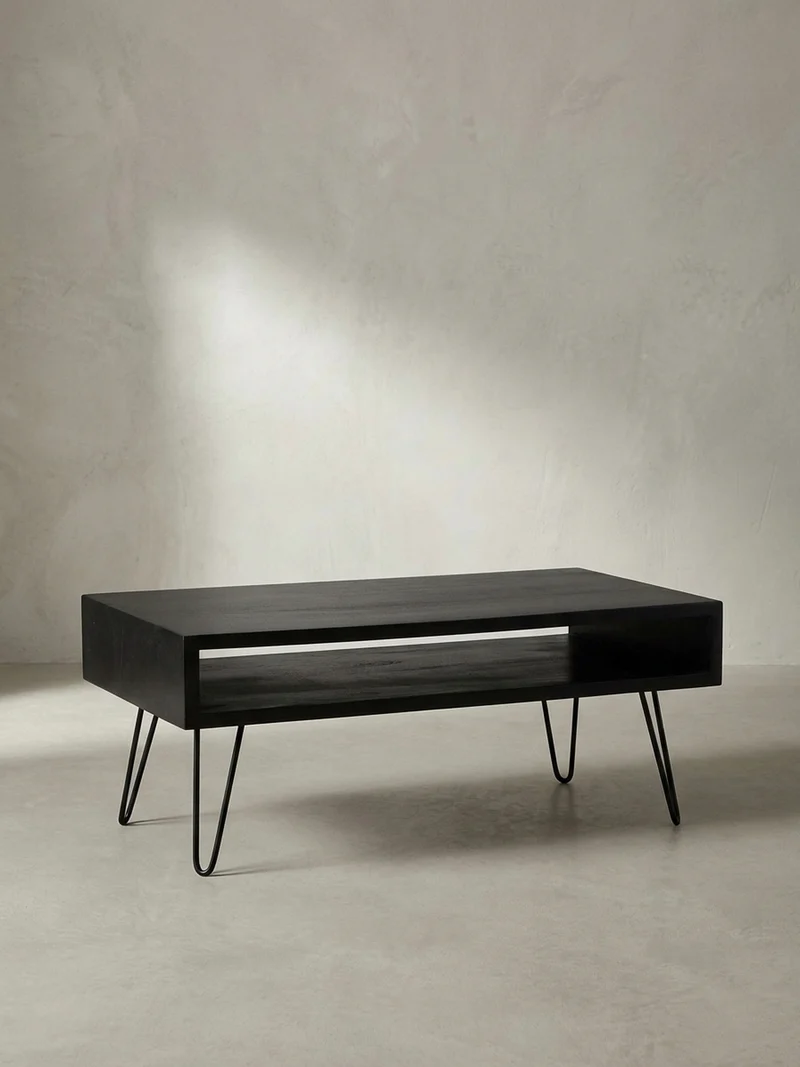Couchtisch Mango Massivholz Metall 100x50x40cm mit Stauraum und Haarnadelbeinen