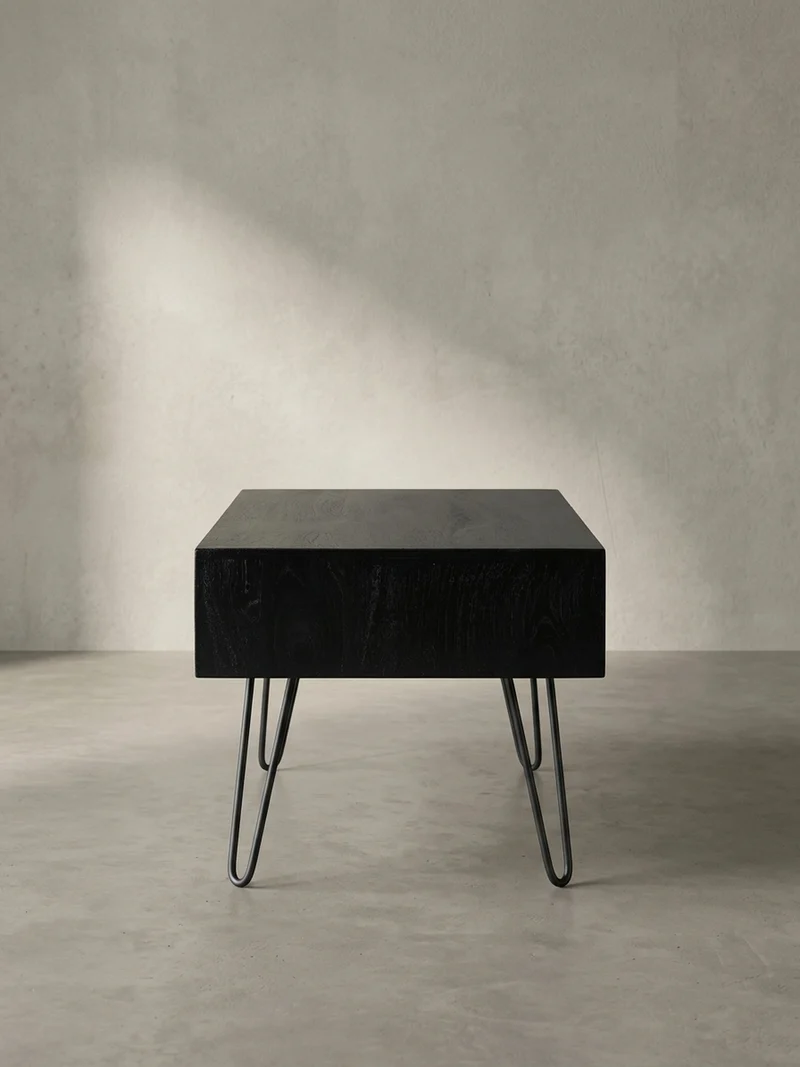 Couchtisch Mango Massivholz Metall 100x50x40cm mit Stauraum und Haarnadelbeinen