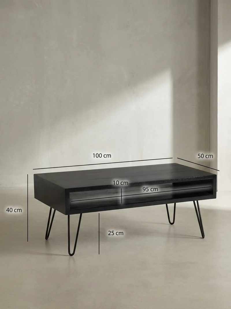 Couchtisch Mango Massivholz Metall 100x50x40cm mit Stauraum und Haarnadelbeinen