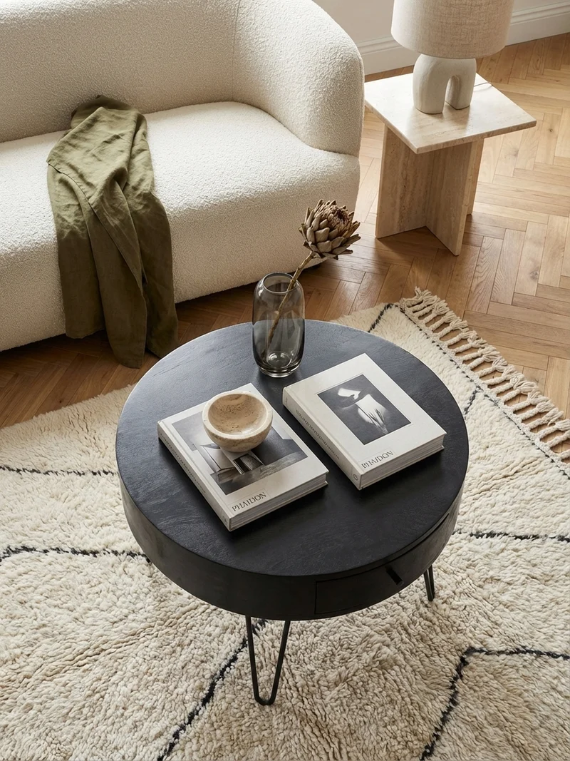 Couchtisch Rund Mango Massivholz Metall, 60x60x43 cm, mit Schublade, Stauraum und Haarnadelbeinen
