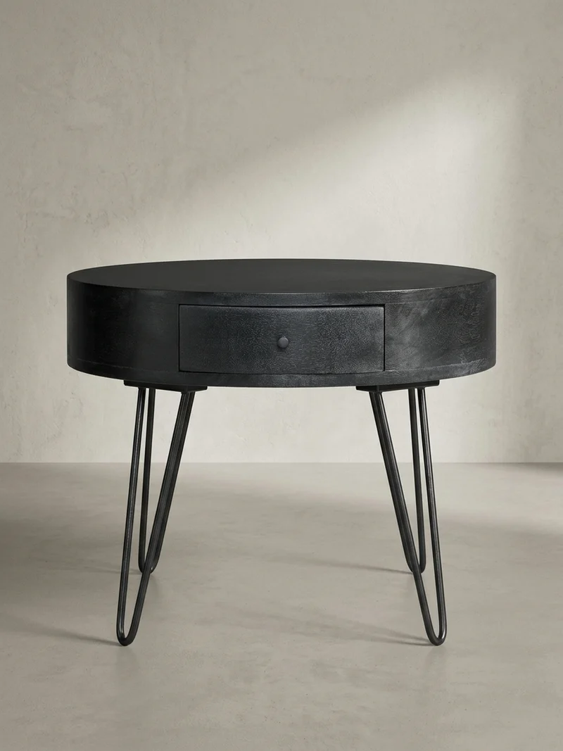 Couchtisch Rund Mango Massivholz Metall, 60x60x43 cm, mit Schublade, Stauraum und Haarnadelbeinen