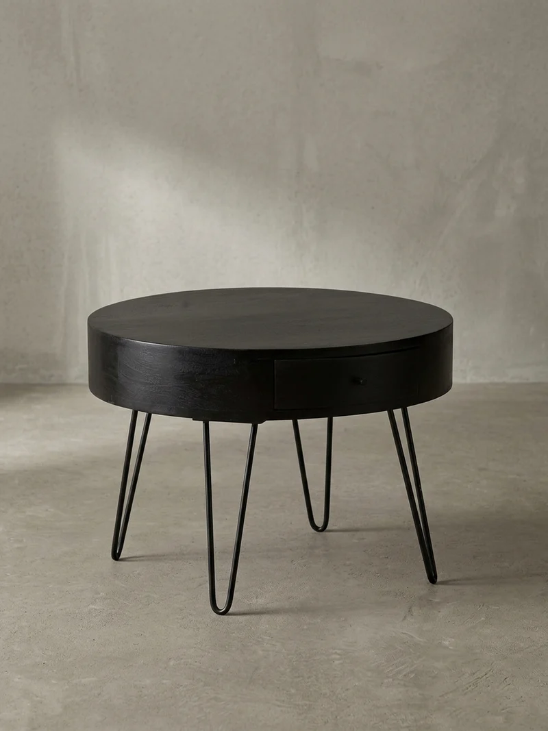 Couchtisch Rund Mango Massivholz Metall, 60x60x43 cm, mit Schublade, Stauraum und Haarnadelbeinen