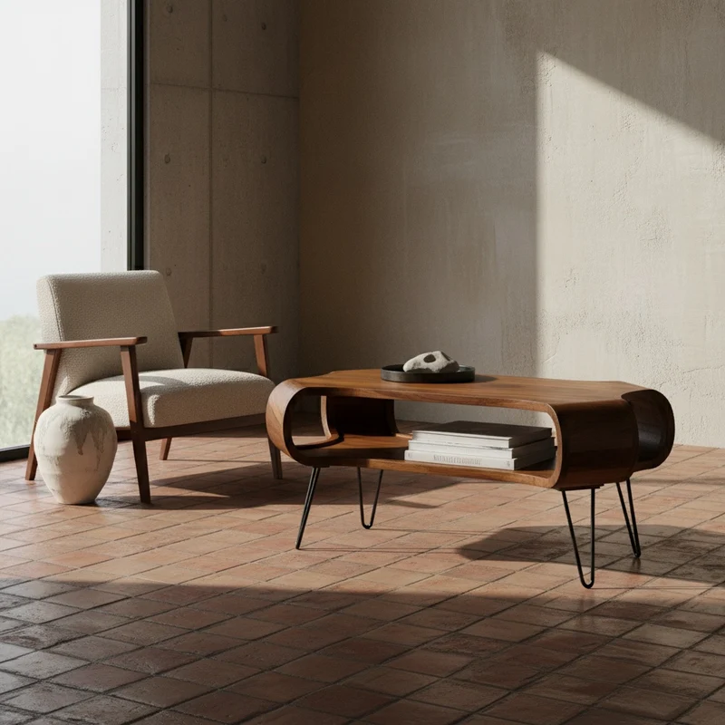 Couchtisch Rechteckig in Massivholz und Metall 100x60x47cm mit Stauraum und Haarnadelbeinen