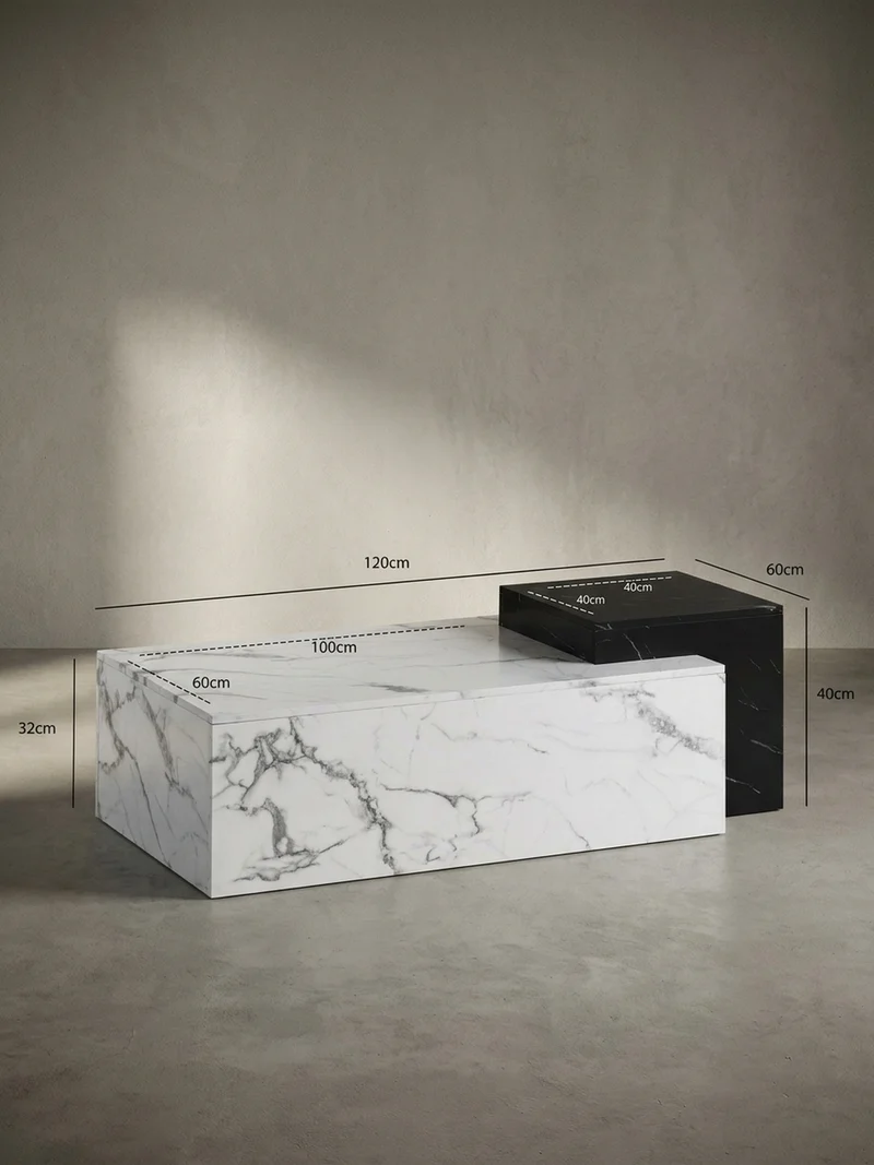 Couchtisch Weiß Schwarz Marmor-Optik Modern 120x60x40 cm Zwei Ebenen