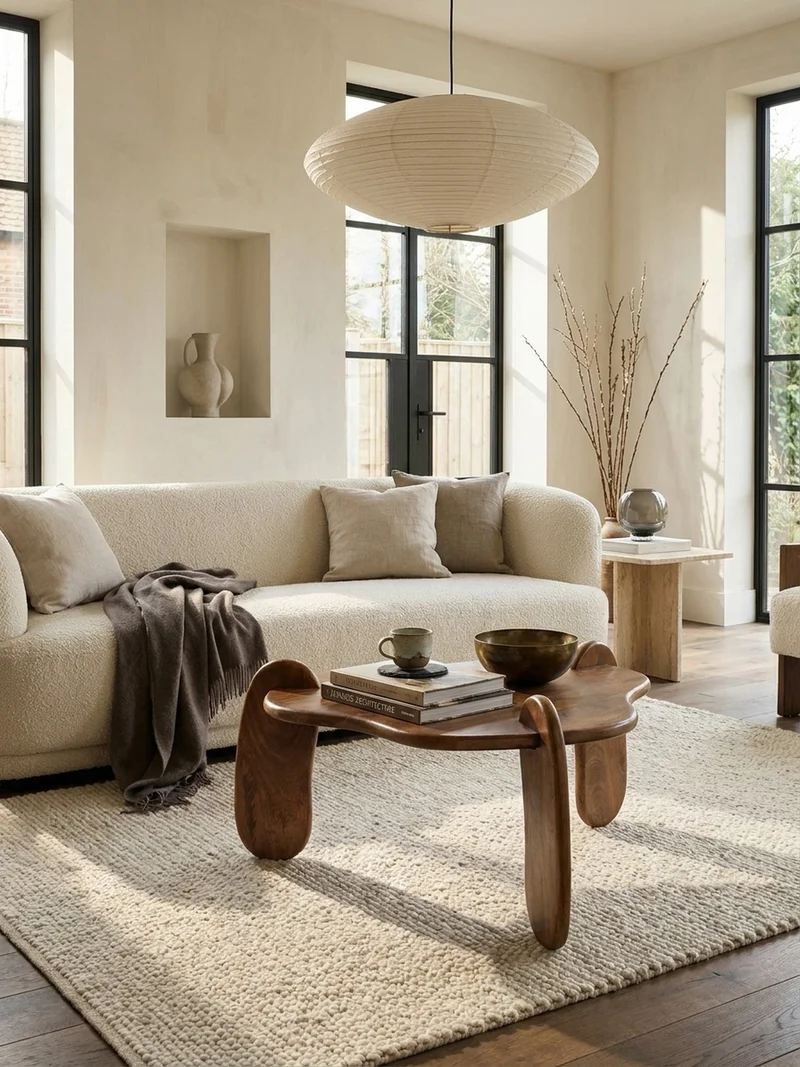 Couchtisch in Walnussfarbe aus Mangoholz Massiv, Niedriges Dreibein-Design, Organisch, 78x78x39.5cm