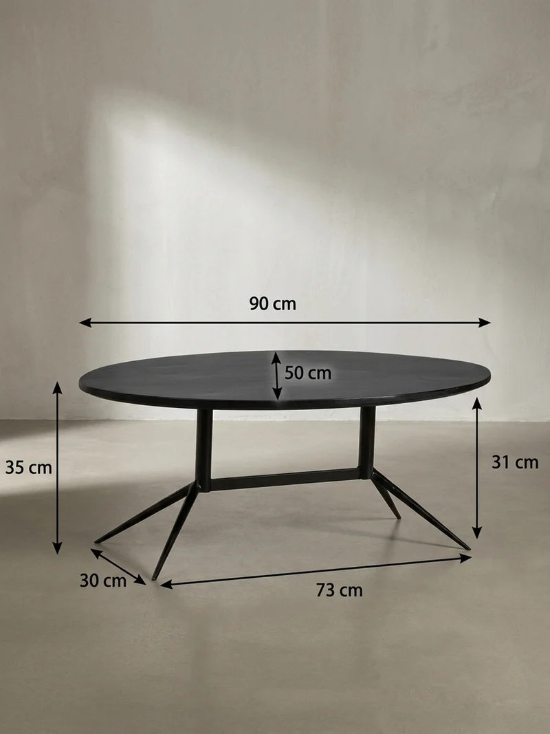 Couchtisch Oval in Schwarz aus Mango Massivholz und Metall, 90x50x35 cm mit natürlicher Holzmaserung
