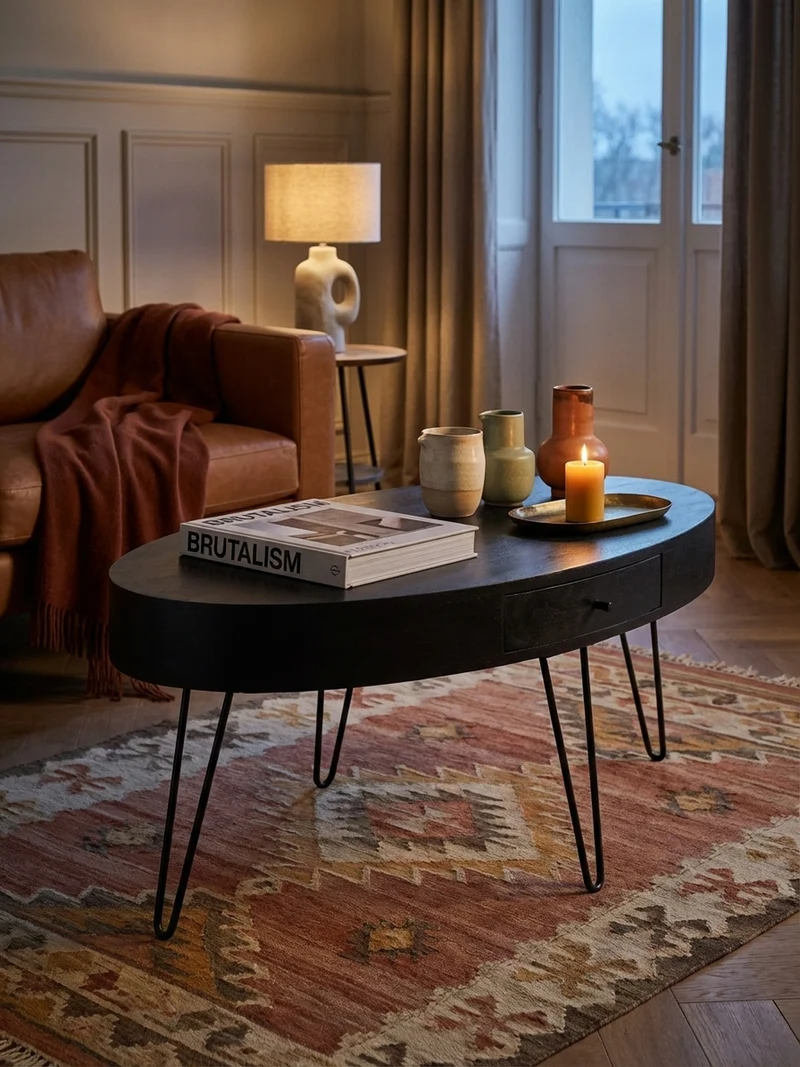 Couchtisch in Mango-Massivholz und Metall, 100x50x40 cm, Oval, mit Schublade, Stauraum und Haarnadelbeinen