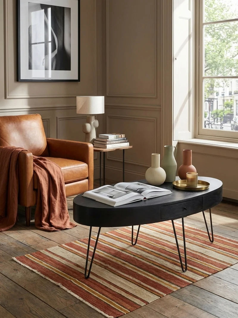 Couchtisch in Mango-Massivholz und Metall, 100x50x40 cm, Oval, mit Schublade, Stauraum und Haarnadelbeinen