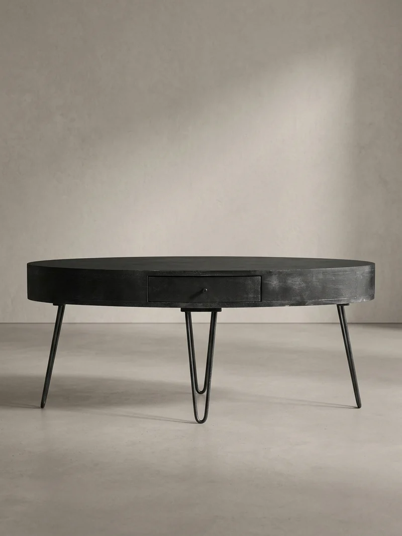 Couchtisch in Mango-Massivholz und Metall, 100x50x40 cm, Oval, mit Schublade, Stauraum und Haarnadelbeinen