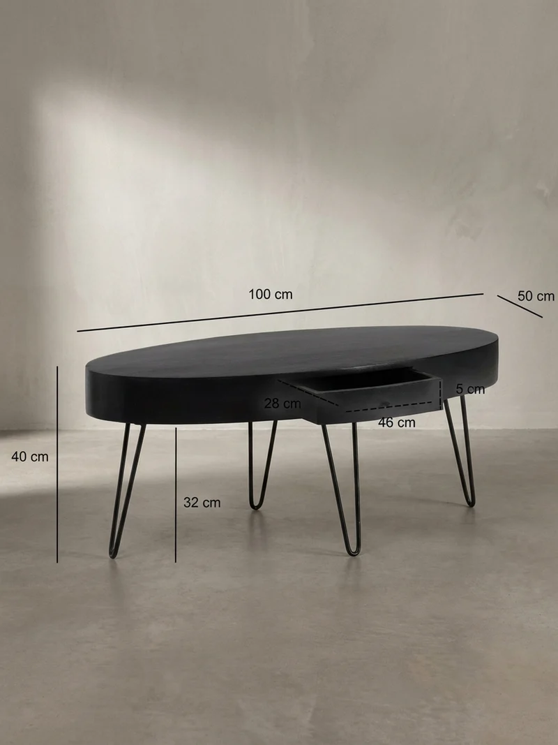 Couchtisch in Mango-Massivholz und Metall, 100x50x40 cm, Oval, mit Schublade, Stauraum und Haarnadelbeinen