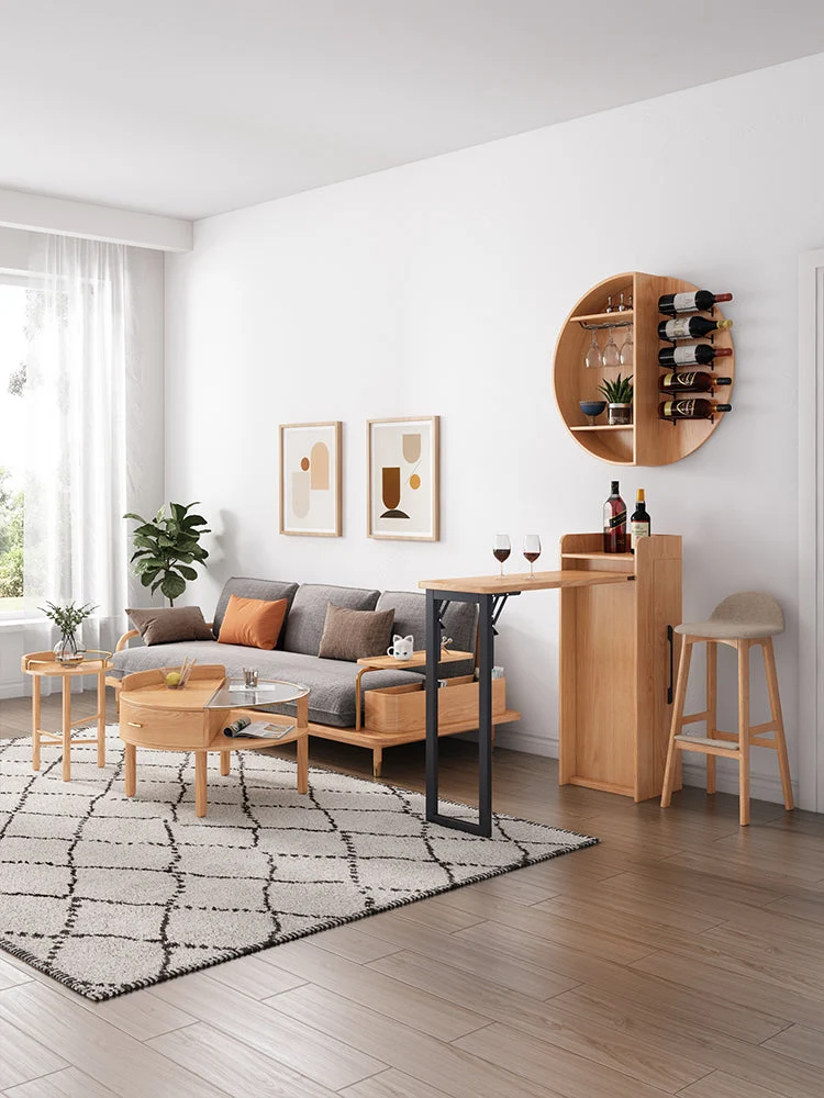 Klappbarer einziehbarer Weinbartisch mit an der Wand befestigtem rundem Weinregal (keine Stühle)