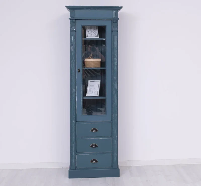 Schmale Vintage Vitrine aus Massivholz mit 3 Schubladen und Ornamenten