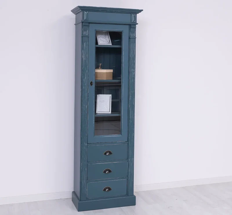 Schmale Vintage Vitrine aus Massivholz mit 3 Schubladen und Ornamenten