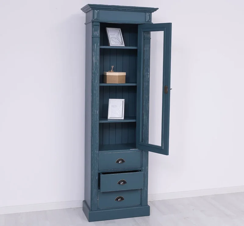 Schmale Vintage Vitrine aus Massivholz mit 3 Schubladen und Ornamenten