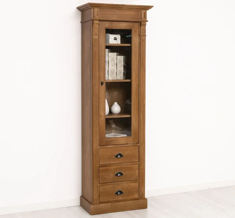 Schmale Vintage Vitrine aus Massivholz mit 3 Schubladen und Ornamenten