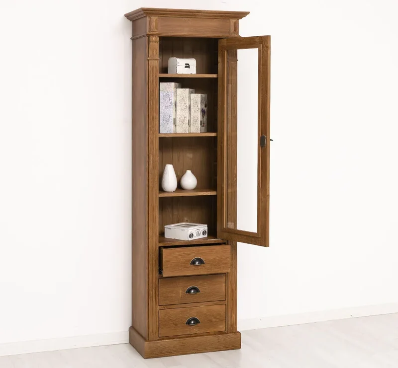 Schmale Vintage Vitrine aus Massivholz mit 3 Schubladen und Ornamenten