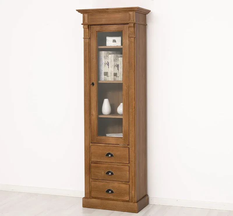 Schmale Vintage Vitrine aus Massivholz mit 3 Schubladen und Ornamenten