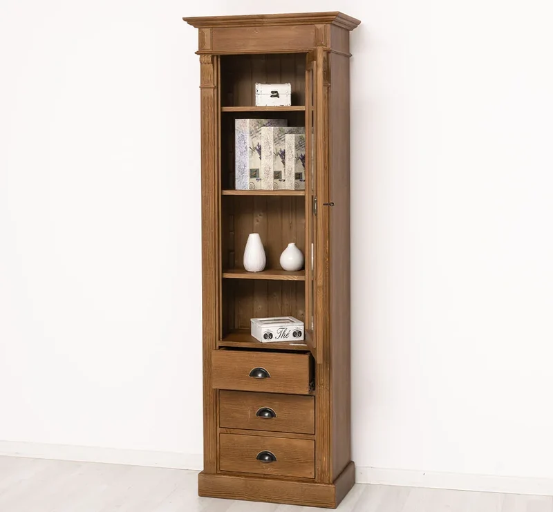 Schmale Vintage Vitrine aus Massivholz mit 3 Schubladen und Ornamenten