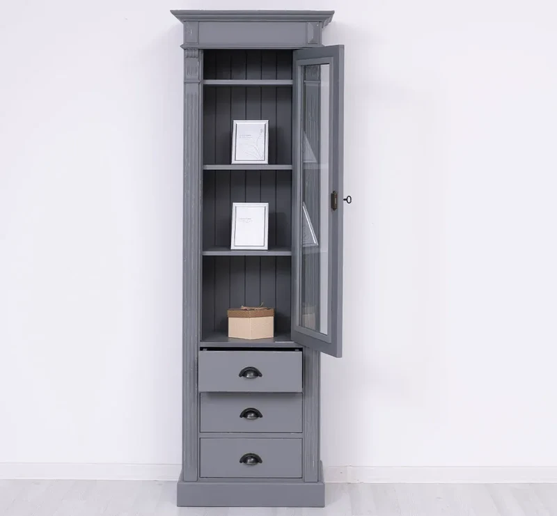 Schmale Vintage Vitrine aus Massivholz mit 3 Schubladen und Ornamenten