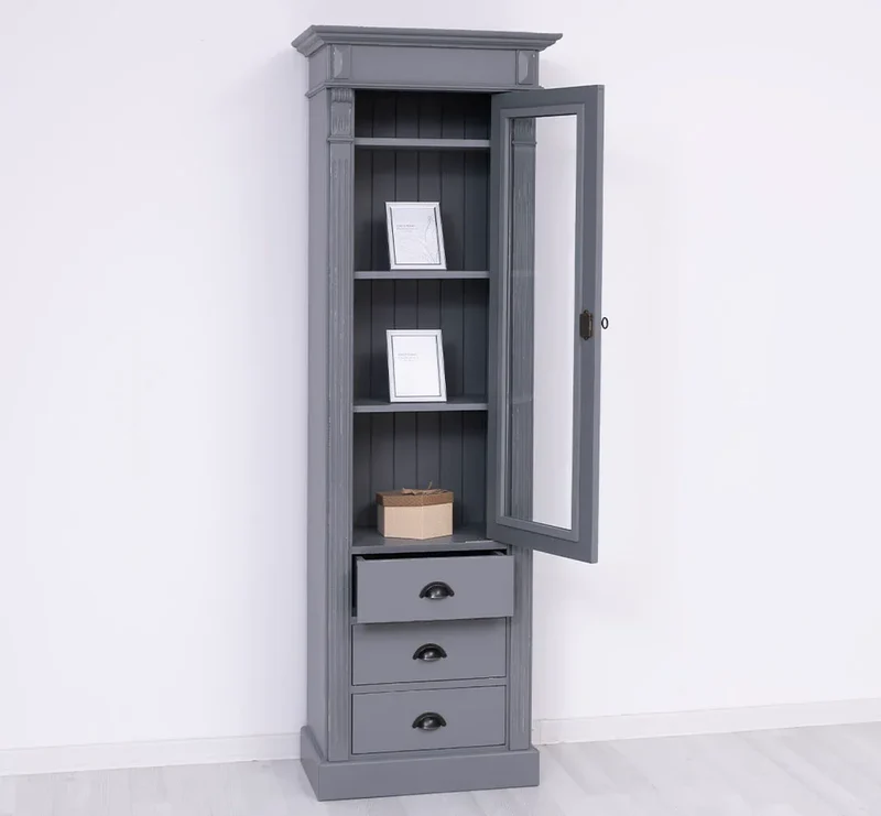 Schmale Vintage Vitrine aus Massivholz mit 3 Schubladen und Ornamenten
