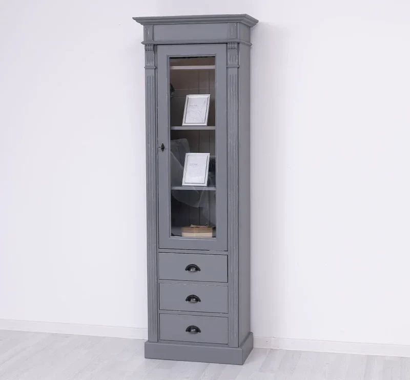 Schmale Vintage Vitrine aus Massivholz mit 3 Schubladen und Ornamenten
