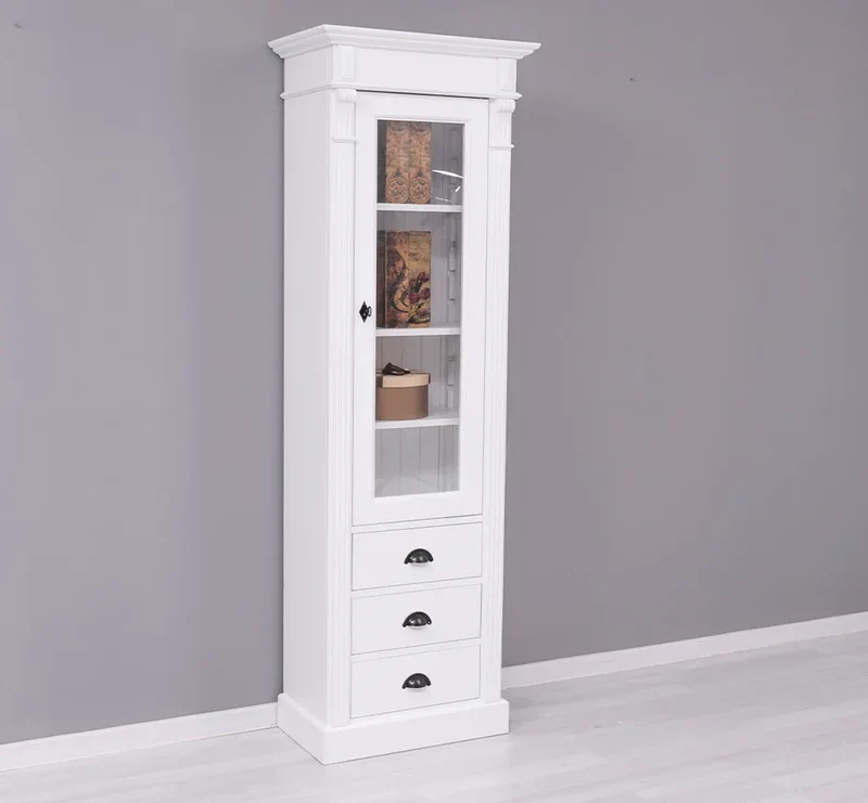 Schmale Vintage Vitrine aus Massivholz mit 3 Schubladen und Ornamenten