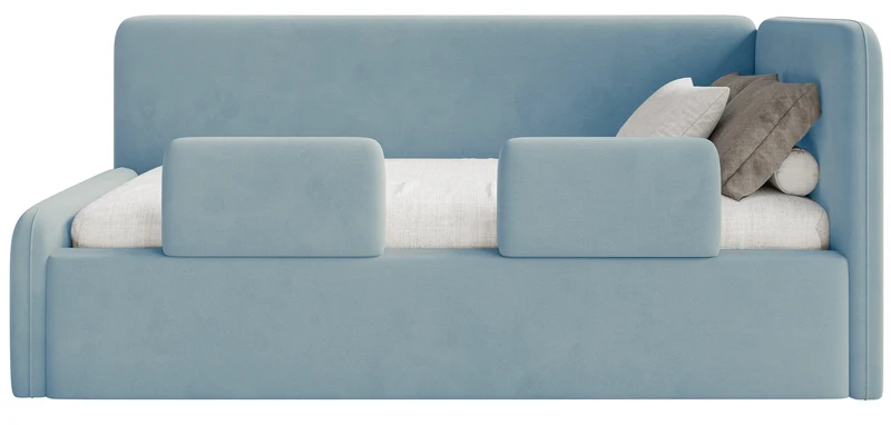 Jugendbett 90x200 cm Fanklo rechtsseitig mit Stauraum und blauen Velours-Hydrophob-Vorhängen, leicht zu reinigen